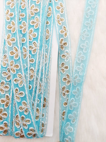 Wholesale Sky Blue Net Lace Floral Embroidery & Glitter Gold Sequins, Indian Wedding Border, Gifting Ribbon Costume Trim Fashion Trimming